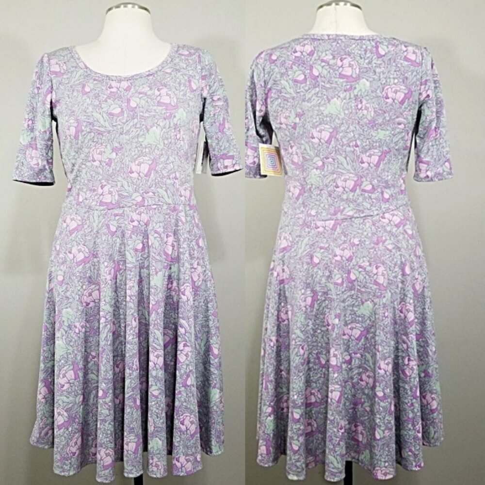 NWT LuLaRoe Nicole Fit & Flare Dress XL Purple Green Floral Modest Midi
